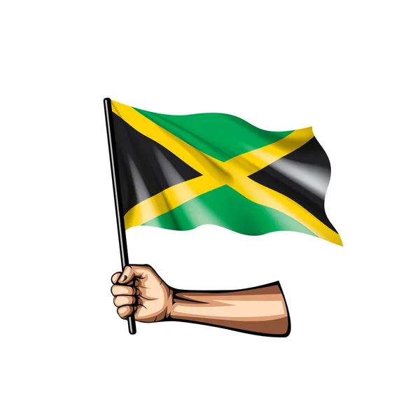 Jamaica steag și mână pe fundal alb. Ilustrație vectorială — Vector de stoc