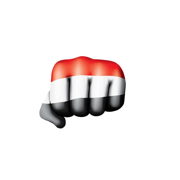 Σημαία της Υεμένης και χέρι σε άσπρο φόντο. Εικονογράφηση διάνυσμα — Διανυσματικό Αρχείο