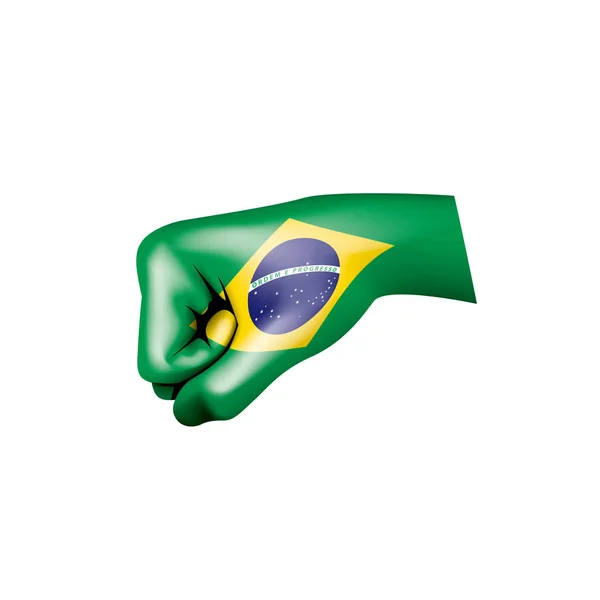 Bandiera Brasile e mano su sfondo bianco. Illustrazione vettoriale — Vettoriale Stock