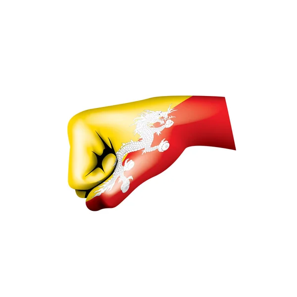 Bhutans flagga och hand på vit bakgrund. Vektorillustration — Stock vektor