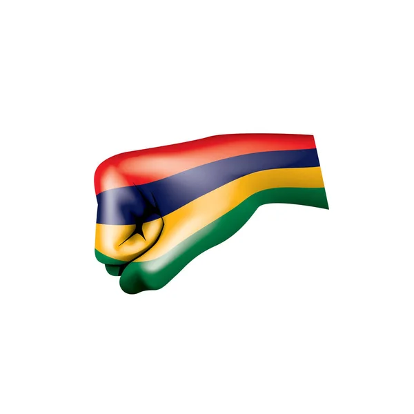 Bandeira mauriciana e mão sobre fundo branco. Ilustração vetorial —  Vetores de Stock