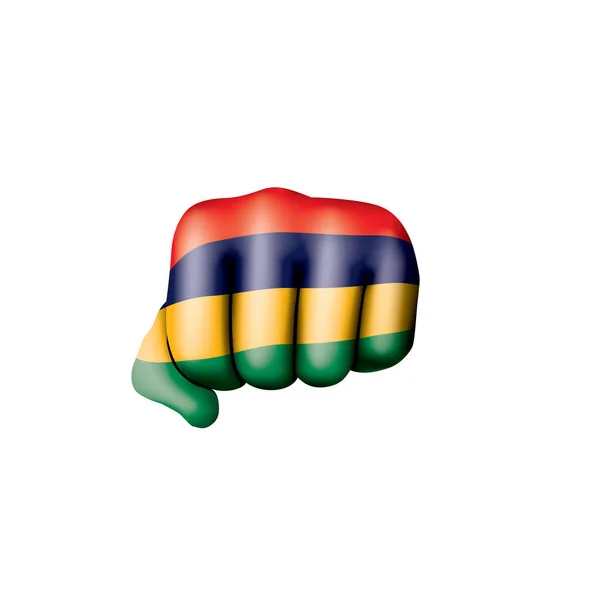 Mauritius flagga och hand på vit bakgrund. Vektorillustration — Stock vektor