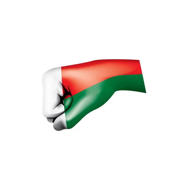 Drapeau de Madagascar et main sur fond blanc. Illustration vectorielle — Image vectorielle