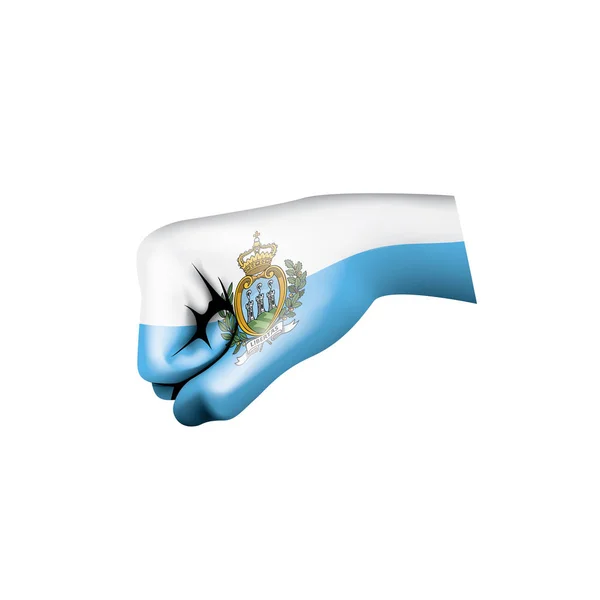 Bandeira de San Marino e mão sobre fundo branco. Ilustração vetorial — Vetor de Stock