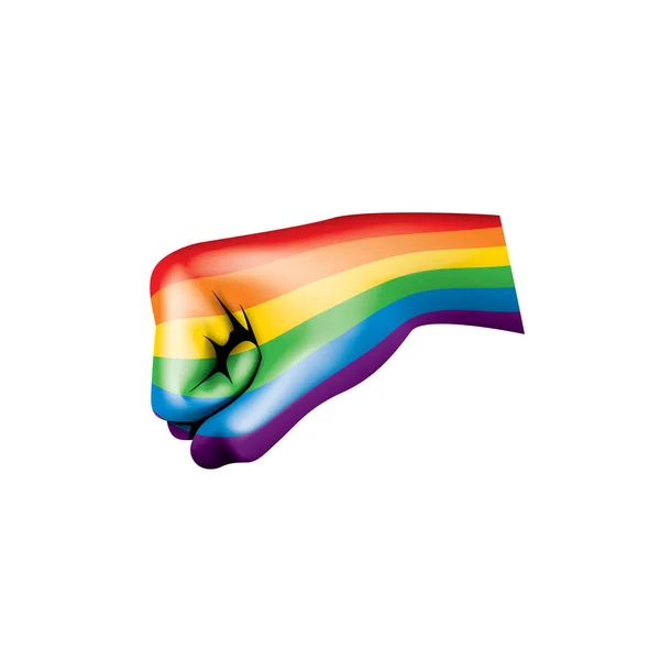Bandeira do arco-íris e mão sobre fundo branco. Ilustração vetorial — Vetor de Stock