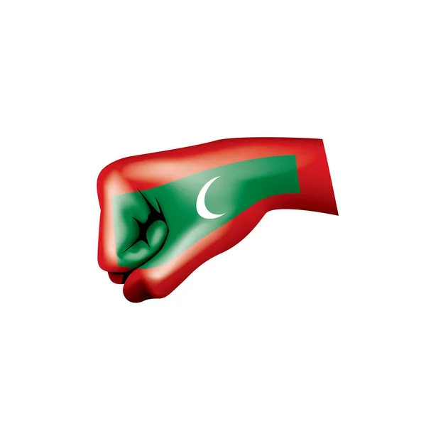 Maldív-szigetek zászló és kézzel a fehér háttér előtt. Vektoros illusztráció — Stock Vector