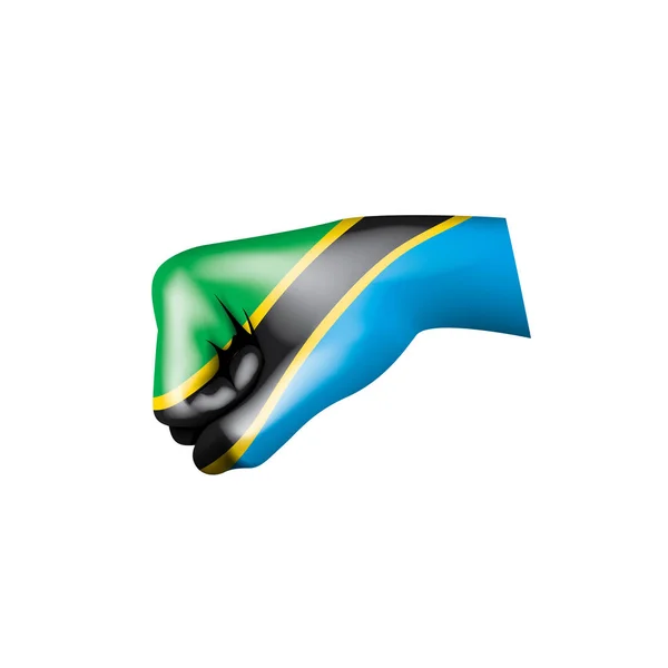 Tanzania-flaggan och hand på vit bakgrund. Vektorillustration — Stock vektor