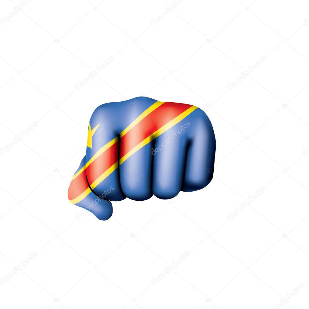 Democratic Republic of the Congo flag and hand on white background. Vector illustration