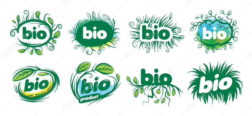 Bio sign in the form of leaves and grass. Vector illustration on white background.