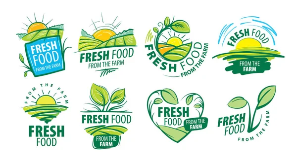 Logo friss élelmiszer a gazdaságból. Fehér háttér vektor illusztráció — Stock Vector