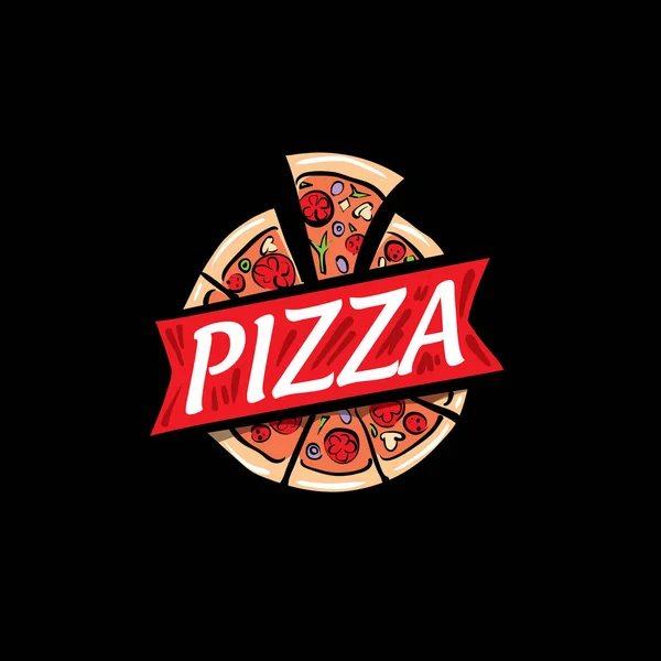 Logo einer skizzierten Pizza. Vektor-Illustration auf schwarzem Hintergrund — Stockvektor