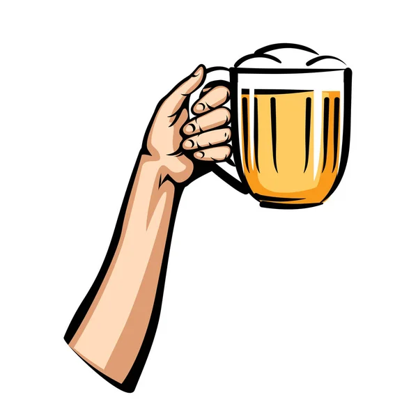 Ilustración vectorial de taza de cerveza ligera en la mano, aislado sobre fondo blanco — Archivo Imágenes Vectoriales