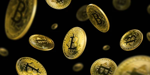 Guld Bitcoin mynt flyger på en svart bakgrund — Stockfoto