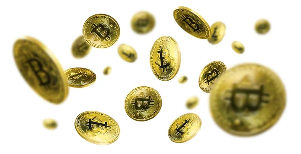 Guld Bitcoin mynt flyger på en vit bakgrund — Stockfoto