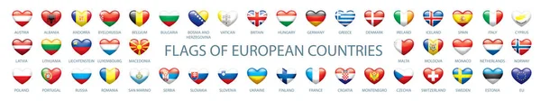 Colección de banderas vectoriales de Europa en forma de corazones — Vector de stock