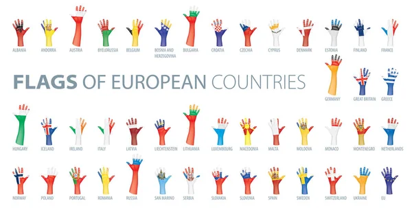 Hand en nationale vlag. Vector illustratie van een set van Europese vlaggen — Stockvector