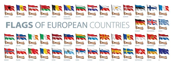 Рука и национальный флаг. Векторная иллюстрация набора европейских флагов — стоковый вектор