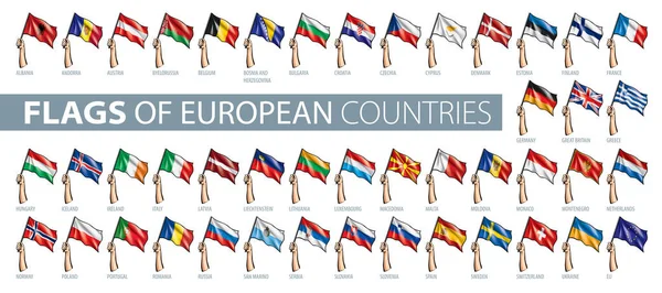 Hand en nationale vlag. Vector illustratie van een set van Europese vlaggen — Stockvector