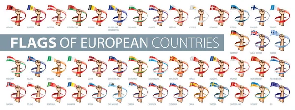 Mão e bandeira nacional. Ilustração vetorial de um conjunto de bandeiras europeias —  Vetores de Stock