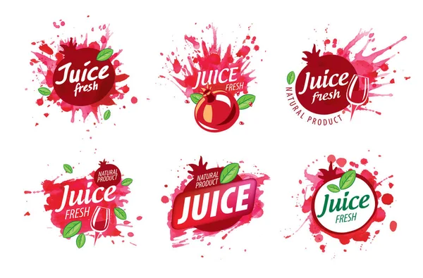 Set of vector logos splashing pomegranate juice on white background — Stock Vector