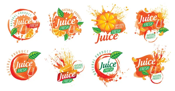Набор векторных логотипов брызг апельсинового сока на белом фоне — стоковый вектор