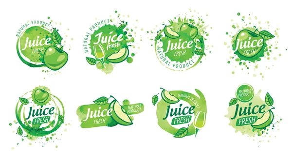 Jeu de logos vectoriels éclaboussant du jus de pomme vert sur fond blanc — Image vectorielle