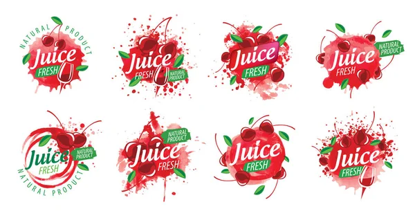 Conjunto de logos vectoriales salpicando jugo de cereza sobre fondo blanco — Vector de stock