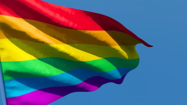 La bandera de LGBT ondea en el viento contra un cielo azul — Vídeo de stock