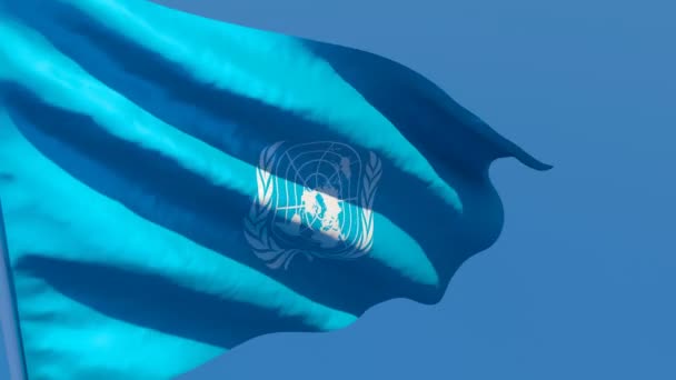 De vlag van de Verenigde Naties wappert in de wind tegen een blauwe lucht — Stockvideo