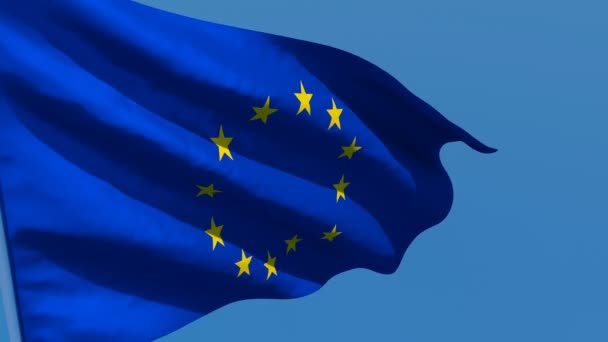 Vlajka Evropské unie vlaje ve větru proti modré obloze — Stock video