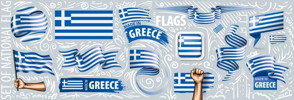 Ensemble vectoriel du drapeau national de la Grèce dans divers modèles créatifs — Image vectorielle