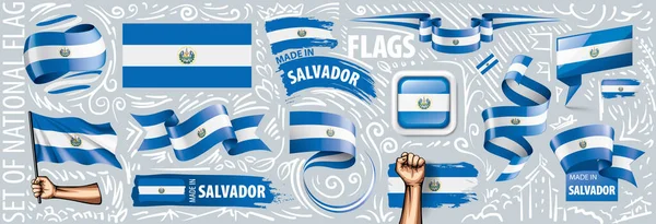 Çeşitli yaratıcı tasarımlarda Salvador ulusal bayrağının vektör kümesi — Stok Vektör