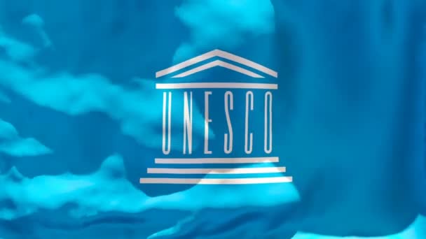 De officiële UNESCO vlag wappert in de wind — Stockvideo