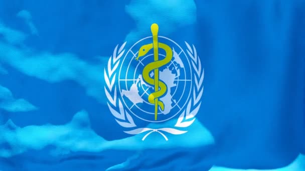 Az Egészségügyi Világszervezet zászlajának lobogtatása WHO közelkép, szerkesztőségi 3D animáció — Stock videók