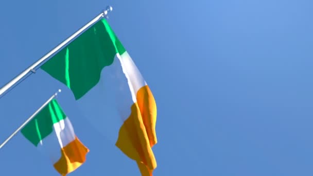 La bandera nacional de Irlanda ondea en el viento contra un cielo azul — Vídeo de stock