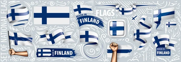Serie vettoriale della bandiera nazionale della Finlandia in vari disegni creativi — Vettoriale Stock