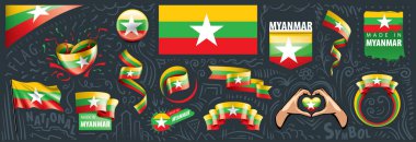 Myanmar 'ın ulusal bayrağının çeşitli yaratıcı tasarımlarındaki vektör kümesi