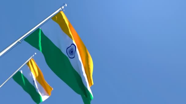De nationale vlag van India vliegt in de wind tegen een blauwe lucht — Stockvideo