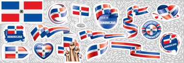 Çeşitli yaratıcı tasarımlarda Dominicana ulusal bayrağının vektör kümesi