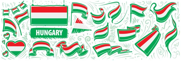 Conjunto vectorial de la bandera nacional de Hungría en varios diseños creativos — Vector de stock