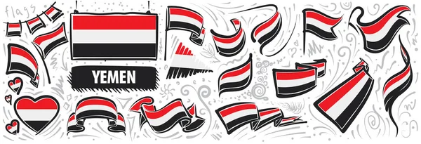 Conjunto vectorial de la bandera nacional de Yemen en varios diseños creativos — Vector de stock