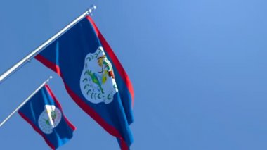 Belize bayrağı mavi gökyüzüne karşı rüzgarda dalgalanıyor.