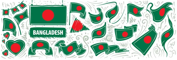 विभिन्न रचनात्मक डिजाइनों में बांग्लादेश के राष्ट्रीय ध्वज का वेक्टर सेट — स्टॉक वेक्टर