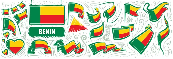 Vectorset van de nationale vlag van Benin in diverse creatieve ontwerpen — Stockvector