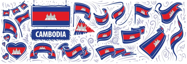 Conjunto vetorial da bandeira nacional do Camboja em vários desenhos criativos — Vetor de Stock