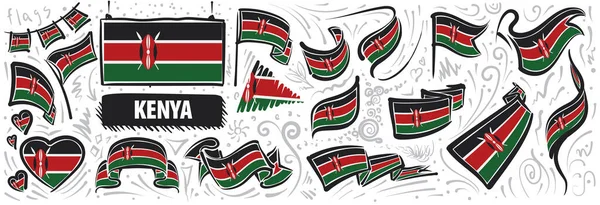 Kenya nemzeti zászlajának vektorkészlete különböző kreatív formatervezési mintákban — Stock Vector