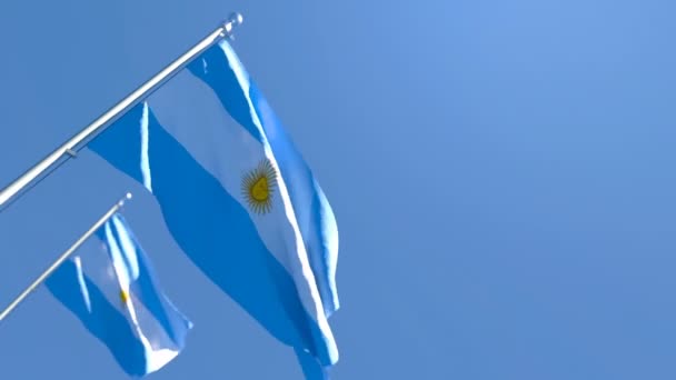 Argentinas flagga flyger i vinden mot en blå himmel. — Stockvideo