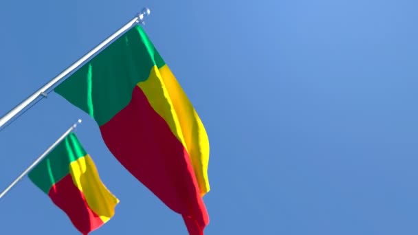 Benin nemzeti zászlaja a szélben repül a kék ég ellen. — Stock videók