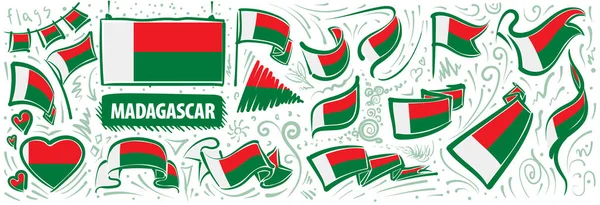 Conjunto vectorial de la bandera nacional de Madagascar en varios diseños creativos — Vector de stock