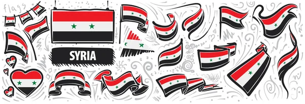 Ensemble vectoriel du drapeau national de la Syrie dans divers modèles créatifs — Image vectorielle